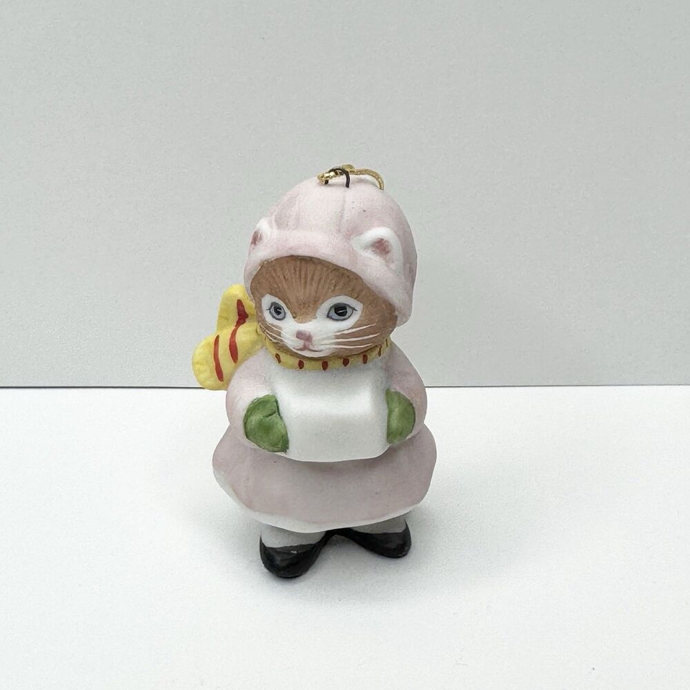 1989 Schmid Kitty‎ Cucumber Christmas Ornament Cat Pink Coat Hat Figurine